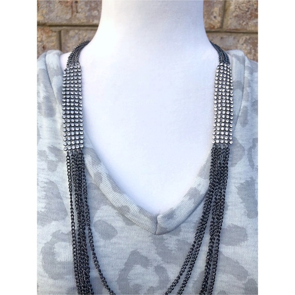 Long Layered Chain and Rhinestone Necklace - Picture 2 of 6